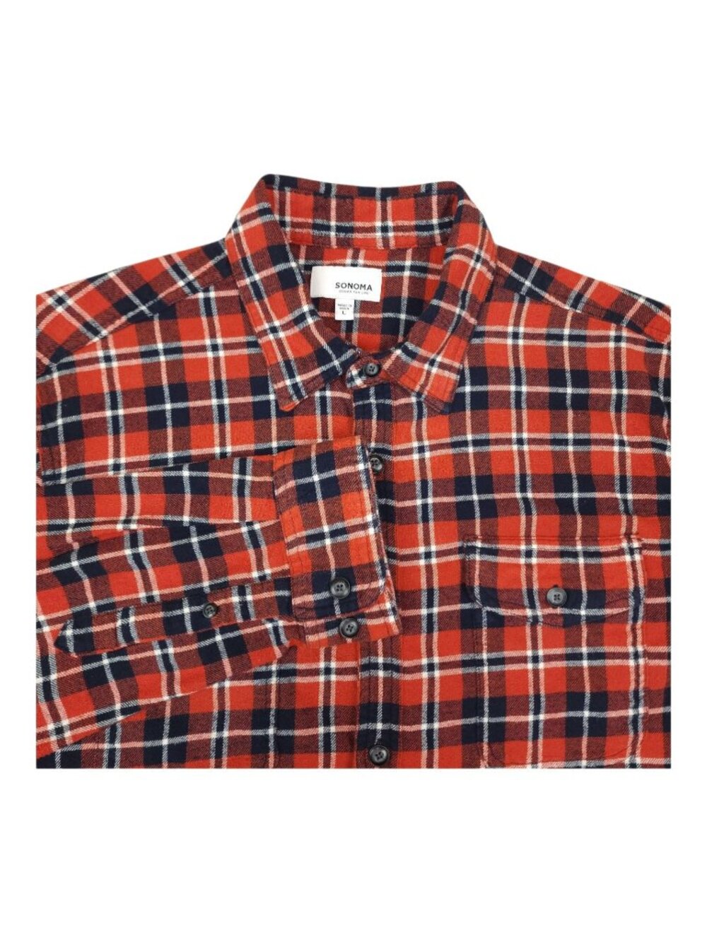 Sonoma Plaid Flannel Button Up Shirt Mens Large Orange Navy Cotton
